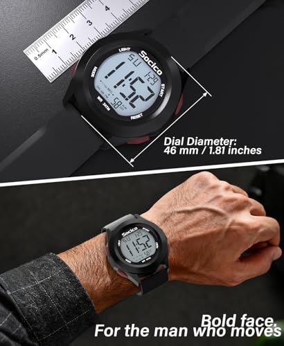 SOCICO Mens Digital Watch Sports Waterproof Outdoor Large Face Military Watches with Stopwatch Back Light Alarm Date Display (Black-red Buttons) - Image 2
