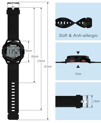 SOCICO Mens Digital Watch Sports Waterproof Outdoor Large Face Military Watches with Stopwatch Back Light Alarm Date Display (Black-red Buttons) - Image 3