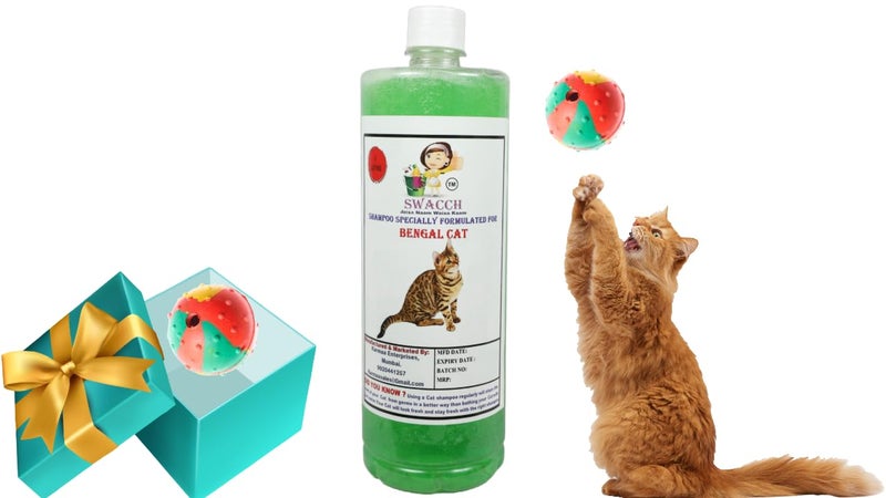 swacch Bengal Cat Shampoo + Rubber Musical Ball I Chew Playing Rubber Ball I Interactive Cat Toy Balls I Training & Play I Combo Pack I 1 Litre Neem Alovera - Image 1
