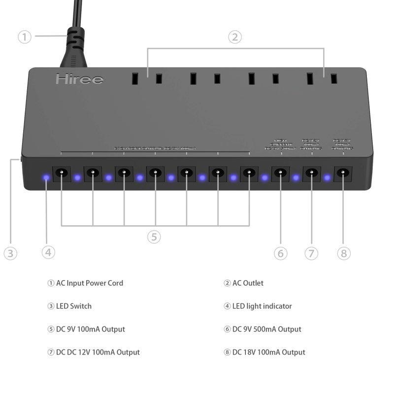 Hiree Guitar Pedal Power Supply Adapter Station Distributor 10 Isolated DC Output for 9V/12V/18V Effect PedalBoard with 4 AC Outlet for Charging Speaker, Musical Instruments - Image 5