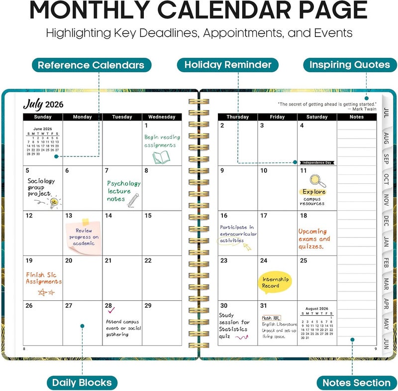 Taja Planner 2026–2027 Academic Book, Weekly and Monthly Layout, July 2026 to June 2027, Hardcover Agenda with Tabs, School and Office Supplies, A5 Size 6.3" x 8.5" - Golden Currents - Image 2