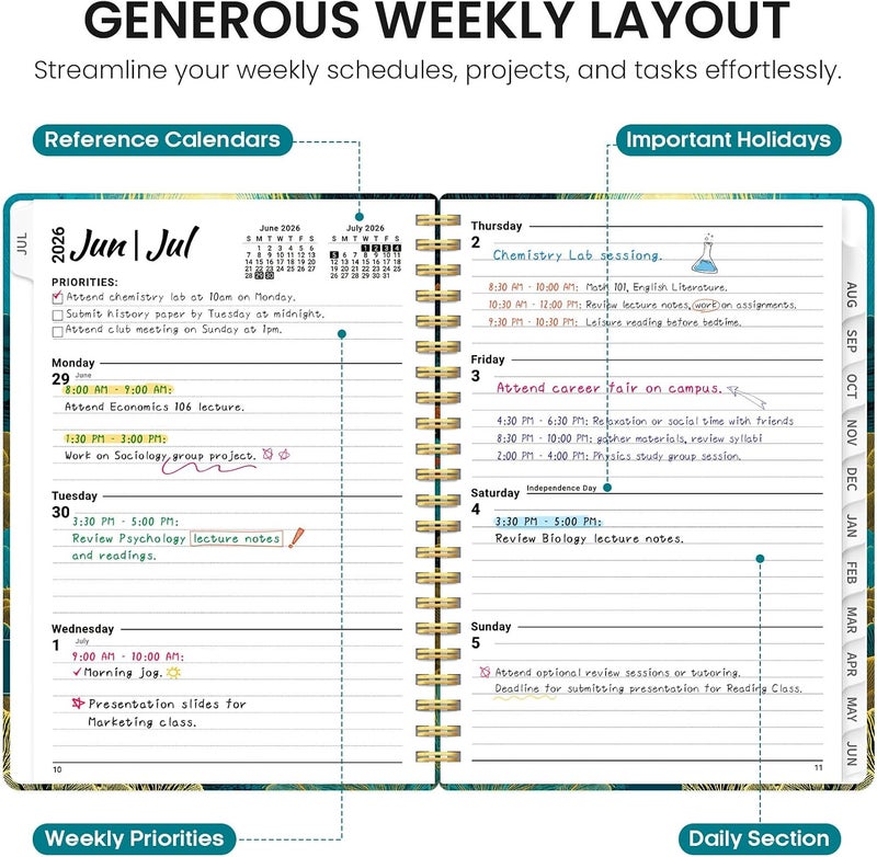 Taja Planner 2026–2027 Academic Book, Weekly and Monthly Layout, July 2026 to June 2027, Hardcover Agenda with Tabs, School and Office Supplies, A5 Size 6.3" x 8.5" - Golden Currents - Image 3
