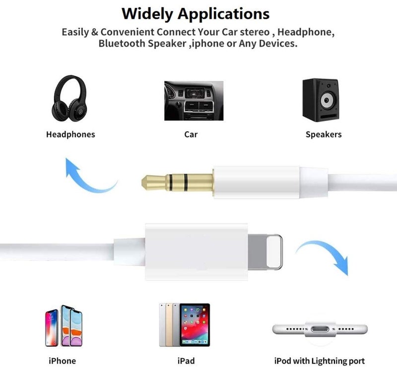 wamaxlink iPhone Aux Cord for Car, 2 Pack [Apple MFi Certified] Lightning to 3.5 mm AUX Audio Cable Cord for Car Home Stereo, Speaker, Headphone Compatible with iPhone 14 13 12 11 Pro Max XS XR X 8, 3.3ft White - Image 3