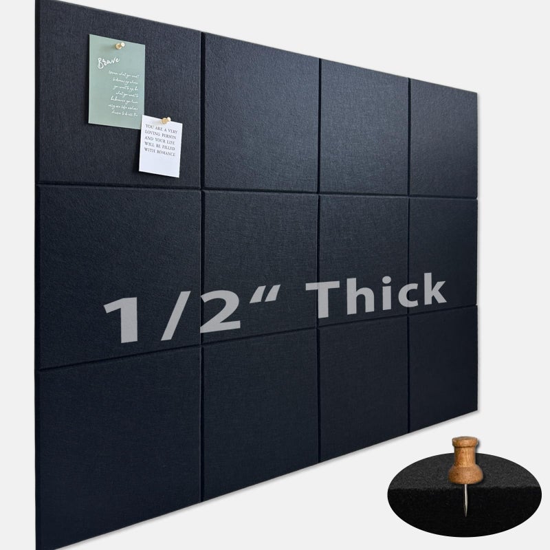 AkuDecor Large Cork Board for Office Wall Decor,48"x36"-12 Pack Felt Wall Tiles with Safe Removable Adhesive Tabs, 1/2" Thick, Felt Bulletin Board Pin Board Cork Boards for Walls - Black - Image 1