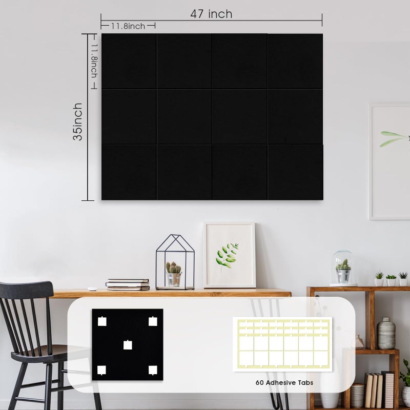 AkuDecor Large Cork Board for Office Wall Decor,48"x36"-12 Pack Felt Wall Tiles with Safe Removable Adhesive Tabs, 1/2" Thick, Felt Bulletin Board Pin Board Cork Boards for Walls - Black - Image 5