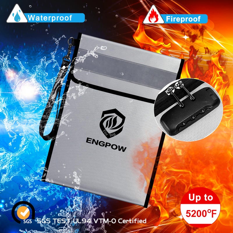 ENGPOW ENGPOW Fireproof Document Bag with Lock (5200℉),15”x 11”Waterproof and Fireproof Money Bag with Reflective Strip,Fireproof Safe Storage Pouch with Zipper for Valuables,Cash,A4 Legal Documents,File  - Image 2