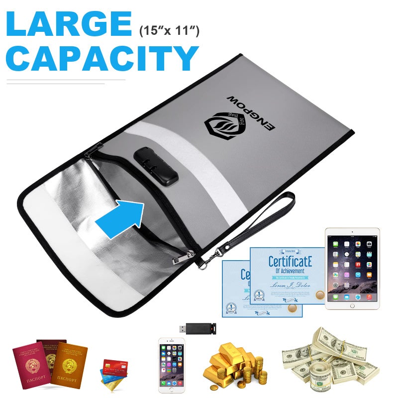 ENGPOW ENGPOW Fireproof Document Bag with Lock (5200℉),15”x 11”Waterproof and Fireproof Money Bag with Reflective Strip,Fireproof Safe Storage Pouch with Zipper for Valuables,Cash,A4 Legal Documents,File  - Image 3