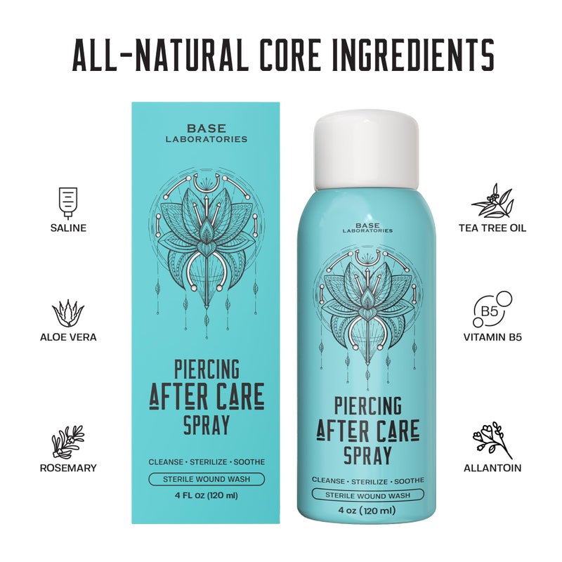 BASE LABORATORIES Piercing Aftercare Spray 4oz | Saline Spray for Piercings | Ear Piercing Cleaner Spray | Saline Solution for Piercings | Piercing & Keloid Bump Removal for Ears, Belly Nose Piercings - Image 2
