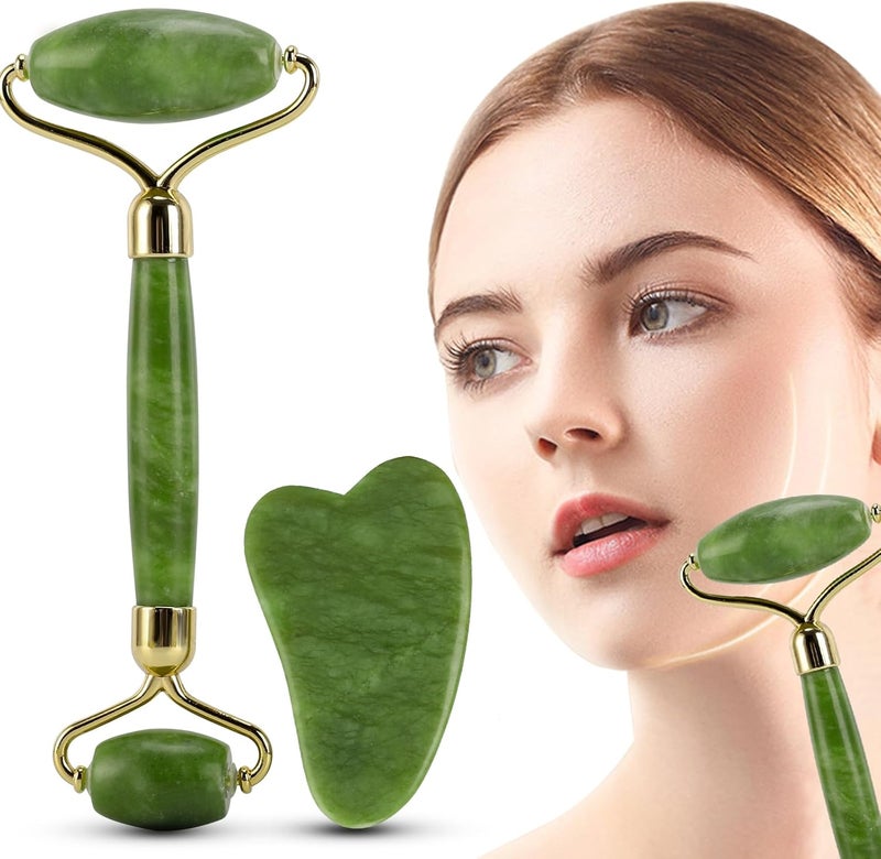 Jade Roller and Gua Sha Massager Tools, Anti-Aging Face Roller Massage, Facial Roller to Reduce Wrinkles, Eye Puffiness, Durable, Noiseless Stones Massager Kit for Face, Neck, Back, Leg - Image 1