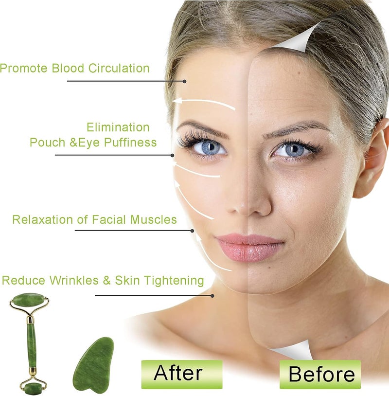 Jade Roller and Gua Sha Massager Tools, Anti-Aging Face Roller Massage, Facial Roller to Reduce Wrinkles, Eye Puffiness, Durable, Noiseless Stones Massager Kit for Face, Neck, Back, Leg - Image 2