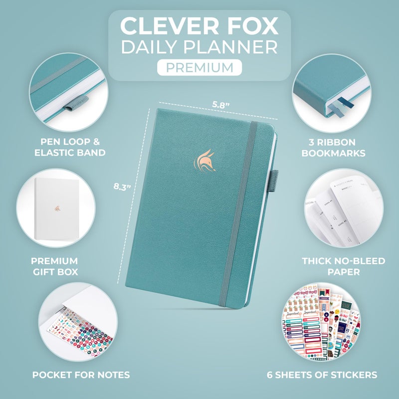 Clever Fox Planner Daily Premium â€“ Undated Daily Planner with Hourly Schedule, Personal Organizer, Productivity Journal, 6 Months (Aquamarine) - Image 2