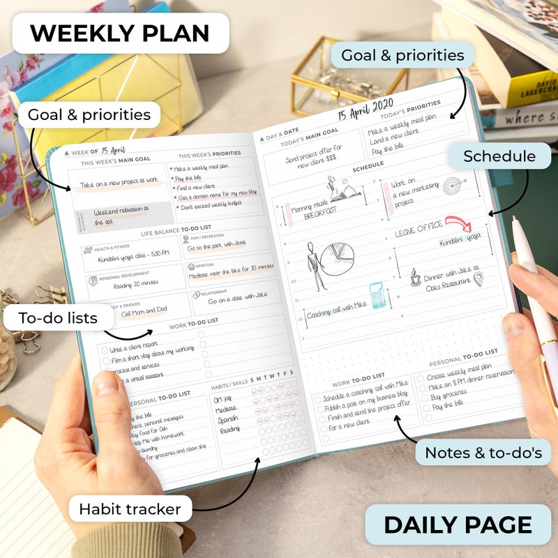 Clever Fox Planner Daily Premium â€“ Undated Daily Planner with Hourly Schedule, Personal Organizer, Productivity Journal, 6 Months (Aquamarine) - Image 3