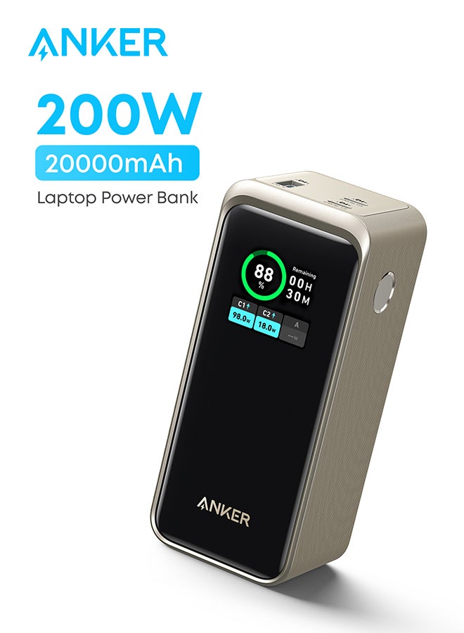 بنك طاقة برايم بقدرة 20000 مللي أمبير في الساعة، وشاحن محمول بقدرة 20000 مللي أمبير في الساعة مع مخرج 200 واط وشاشة رقمية ذكية ومنفذي USB-C ومنفذ USB-A متوافق مع سلسلة iPhone 15/14/13 وسامسونج وديل والمزيد ذهبي - Image 1