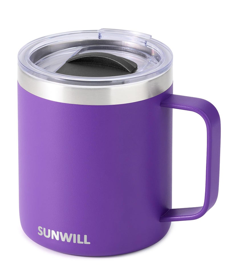 SUNWILL Insulated Coffee Mug with Lid Travel Tumbler with Handle 14 oz Stainless Steel Cup for Camping Office Home Powder Coated Purple