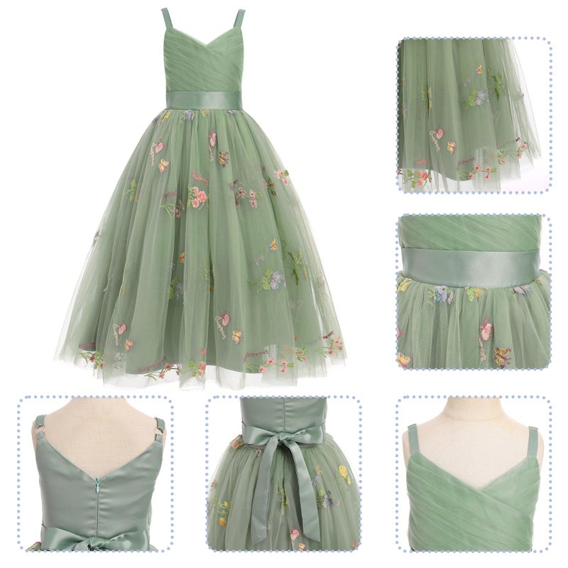 OBEEII Flower Girl Dress for Wedding Pleated V Neck Satin Back Floral Embroidery Tulle Princess Dress Junior Wedding Birthday Pageant Formal Ball Prom Gown Sage Green-Floral 7 Years - Image 4