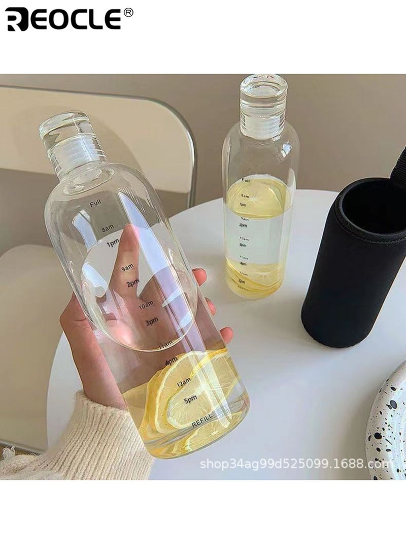 REOCLE 750ML Time-Marked Large Capacity Water Bottle Leak-Proof and Shatter-Resistant High Borosilicate Cup Grade PC Water Bottle Hand Wash Round Lightweight Design for Iced Coffee and Beverages - Image 4