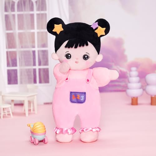 OUOZZZ 10" Soft Baby Doll for 1 Year Old Girl Gifts - Asian Doll Toys for 1 Year Old Birthday Christmas Plush Gift for Toddler Pink Straps Black Hair - Image 5