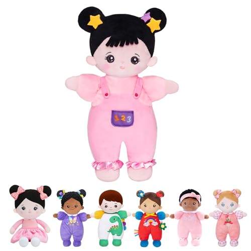 OUOZZZ 10" Soft Baby Doll for 1 Year Old Girl Gifts - Asian Doll Toys for 1 Year Old Birthday Christmas Plush Gift for Toddler Pink Straps Black Hair - Image 1