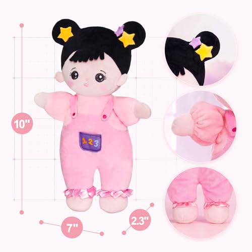 OUOZZZ 10" Soft Baby Doll for 1 Year Old Girl Gifts - Asian Doll Toys for 1 Year Old Birthday Christmas Plush Gift for Toddler Pink Straps Black Hair - Image 3