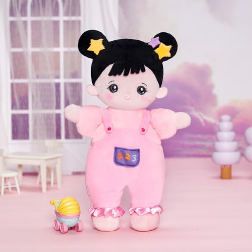 OUOZZZ 10" Soft Baby Doll for 1 Year Old Girl Gifts - Asian Doll Toys for 1 Year Old Birthday Christmas Plush Gift for Toddler Pink Straps Black Hair - Image 2