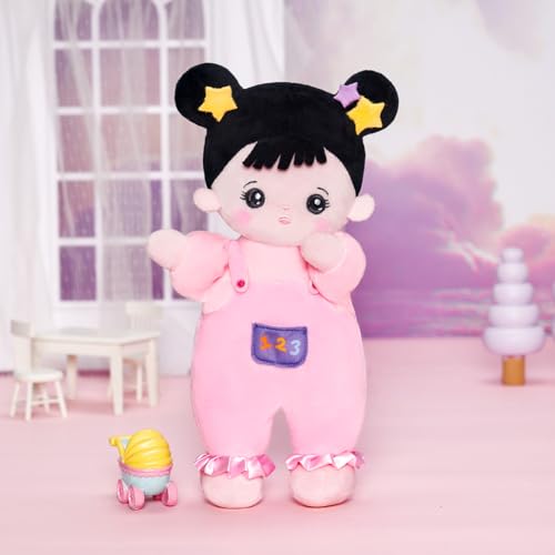 OUOZZZ 10" Soft Baby Doll for 1 Year Old Girl Gifts - Asian Doll Toys for 1 Year Old Birthday Christmas Plush Gift for Toddler Pink Straps Black Hair - Image 4