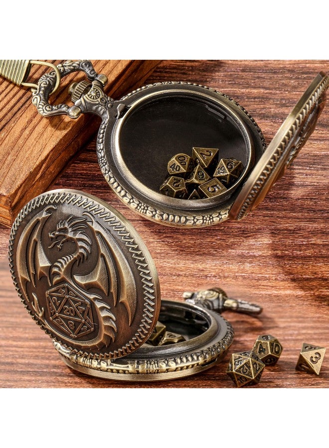 Keller & Weber Mini DND Dice Set Steampunk Dragon Pocket Watch Shell Case, 7pcs Polyhedral Metal D&D Dice Set, DND Gifts with Gift Box for Men Women, Role Playing Board Games Accessories, Bronze - Image 3