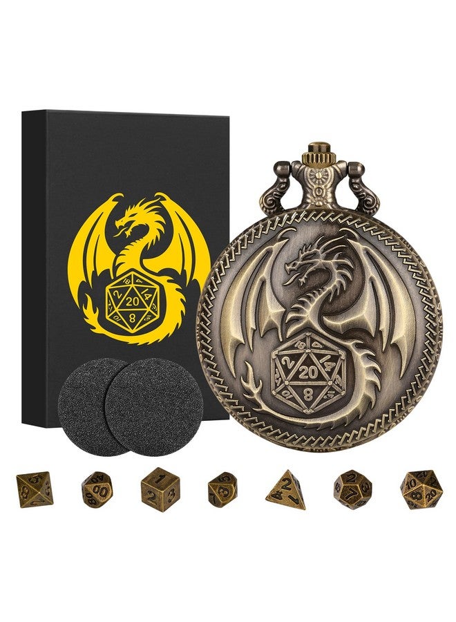 Keller & Weber Mini DND Dice Set Steampunk Dragon Pocket Watch Shell Case, 7pcs Polyhedral Metal D&D Dice Set, DND Gifts with Gift Box for Men Women, Role Playing Board Games Accessories, Bronze - Image 1