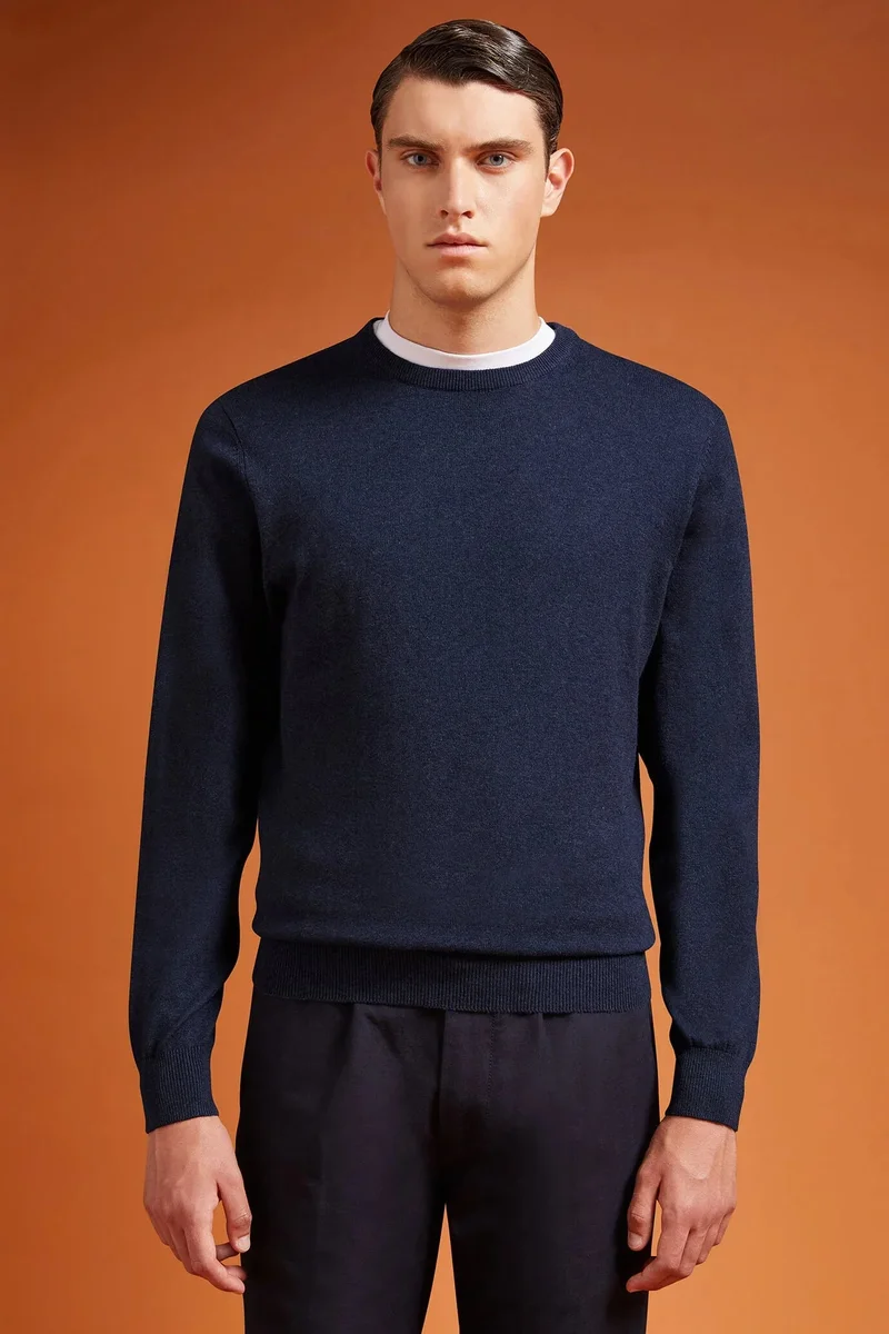 Men's regular fit crew neck jumper in wool and cotton - Space