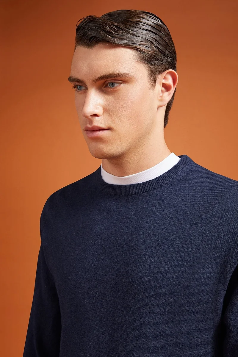 Doppelganger Blue Men's regular fit crew neck jumper in wool and cotton - Space for Men | Best Price UAE