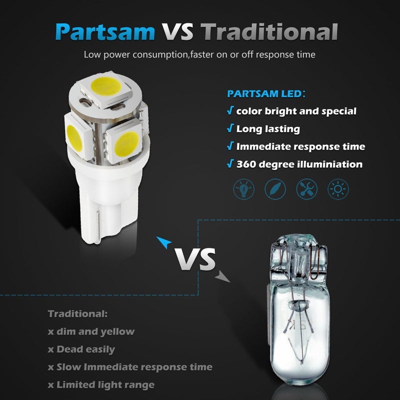 Partsam مصابيح LED T10 5X بيضاء 161 168 194 قاعدة ويدج 5-5050-SMD لإضاءة علامة السقف الخلفية LED ضوء ترخيص احتياطي ضوء موقف إشارة انعطاف - Image 3