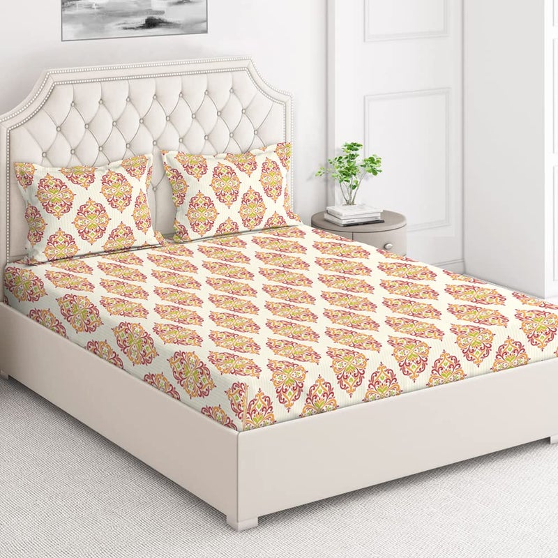 Layers ملاءة سرير كينج بحجم 225TC قطن مقوى مع 2 غطاء وسادة (خردلي/أحمر، نمط عرقي) ، ملاءة سرير كينج، فائقة النعومة، متينة، مقاومة للتجاعيد، مجموعة دوراكاونت - Image 5