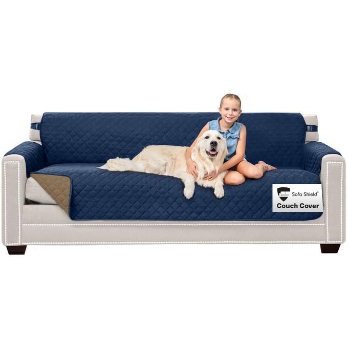 COUCH SLIP COVER WITH PATENTED STRAP CUSHION PROTECTOR US DESIGNED REVERSIBLE STAIN AND DOG TEAR RESISTANT SLIPCOVER 78 INCH SEAT WASHABLE COVERS FOR DOGS PETS NAVY SAND