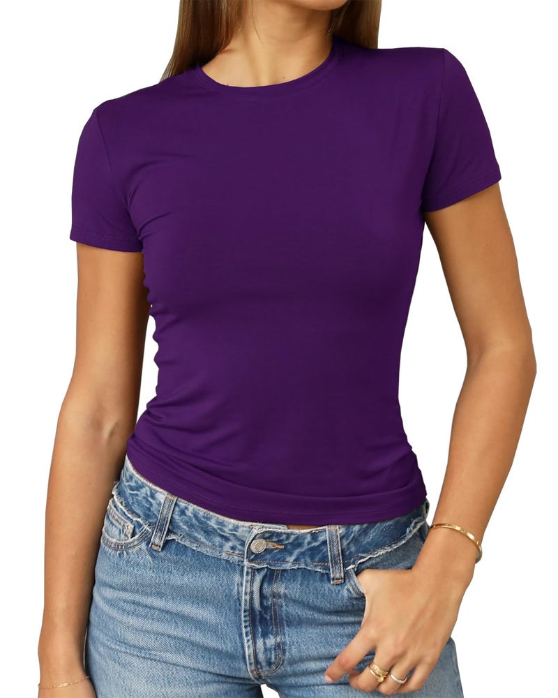 Abardsion Women's Casual Basic Going Out Crop Tops Slim Fit Short Sleeve Crew Neck Tight T Shirts 2026 (Dark Purple, S) - Image 1