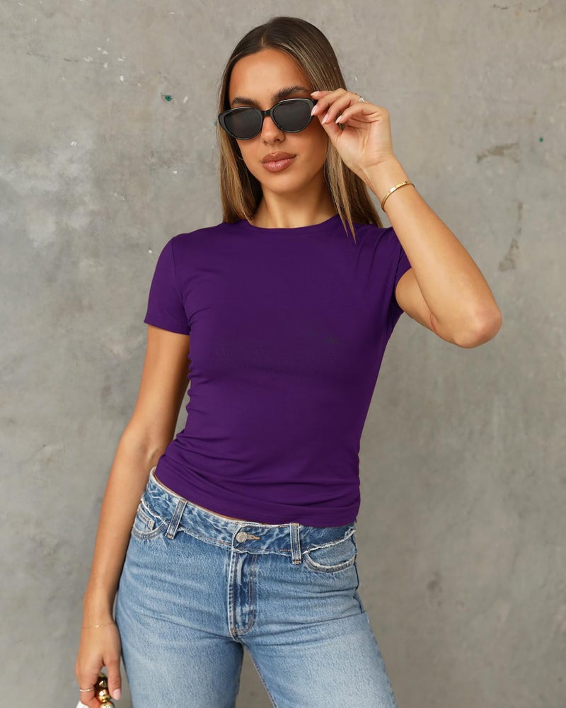 Abardsion Women's Casual Basic Going Out Crop Tops Slim Fit Short Sleeve Crew Neck Tight T Shirts 2026 (Dark Purple, S) - Image 2