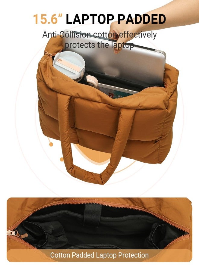 Herald Puffer Tote Bag for Women, Large Quilted Puffy Handbag Lightweight Satchel Purse with Cup Holder & Compartment (Brown) - Image 4