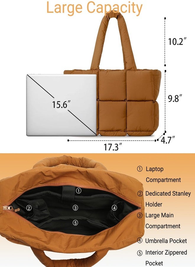 Herald Puffer Tote Bag for Women, Large Quilted Puffy Handbag Lightweight Satchel Purse with Cup Holder & Compartment (Brown) - Image 5