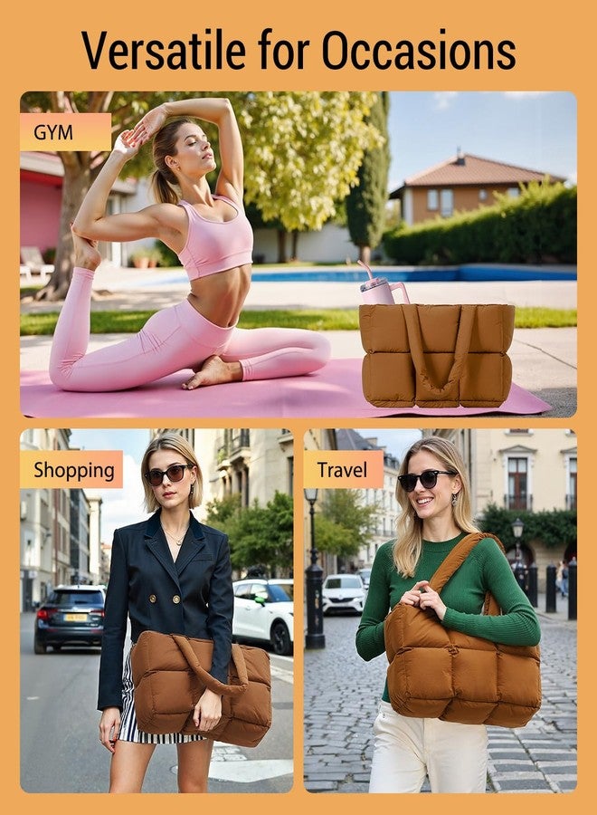 Herald Puffer Tote Bag for Women, Large Quilted Puffy Handbag Lightweight Satchel Purse with Cup Holder & Compartment (Brown) - Image 2