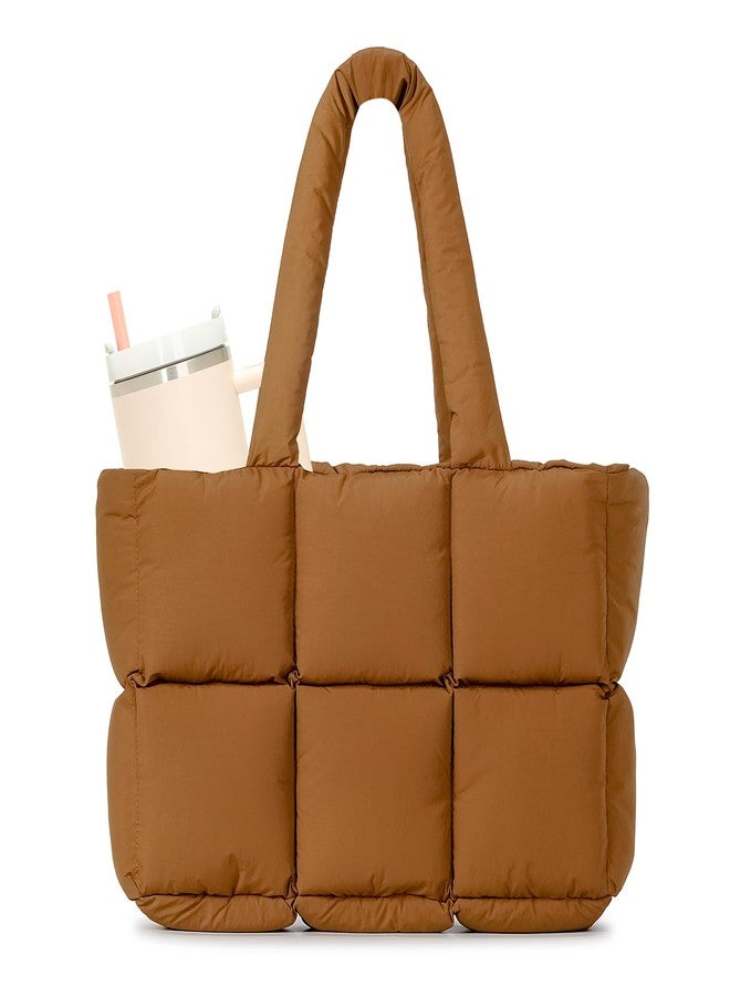 Herald Puffer Tote Bag for Women, Large Quilted Puffy Handbag Lightweight Satchel Purse with Cup Holder & Compartment (Brown) - Image 1