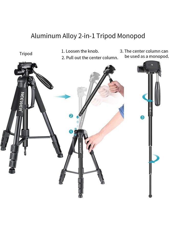 NEEWER Portable Aluminum Alloy Camera 2 in 1 Tripod Monopod Max. 70/177cm with 3 Way Swivel Pan Head and Carrying Bag for DSLR, DV Video Camcorder - Image 2