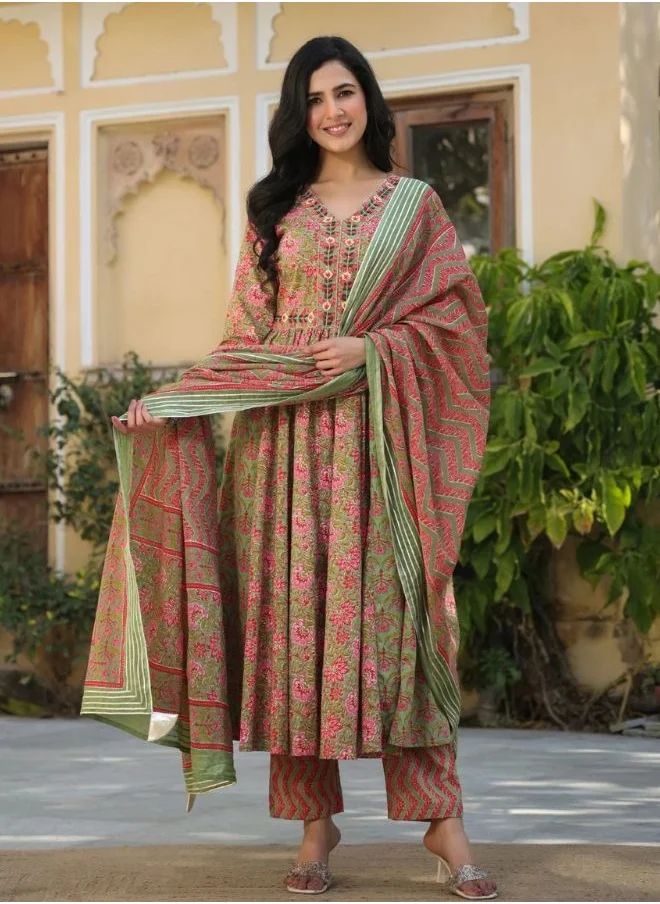 ZERESOUQ Naheeda Green Cotton Printed Kurta Set