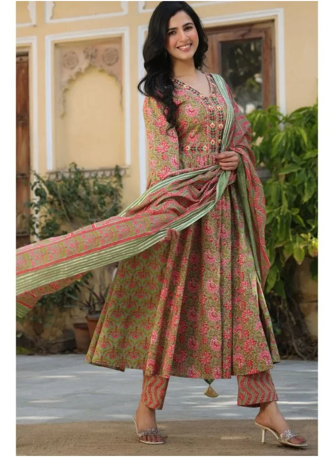 زيري سوق Naheeda Green Cotton Printed Kurta Set