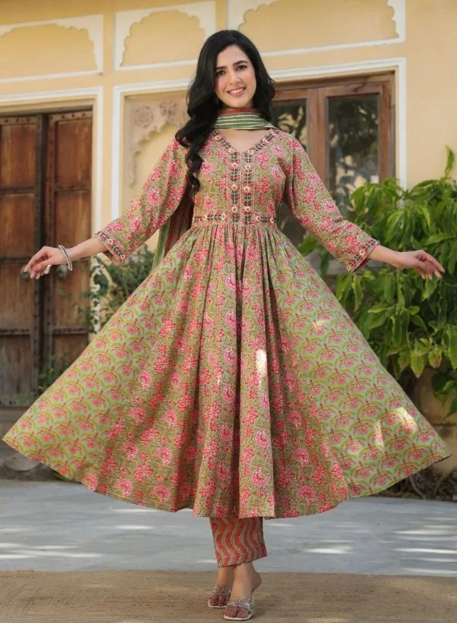 زيري سوق Naheeda Green Cotton Printed Kurta Set