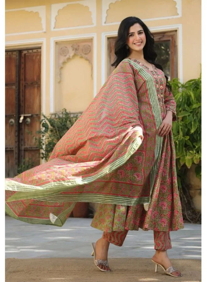 زيري سوق Naheeda Green Cotton Printed Kurta Set
