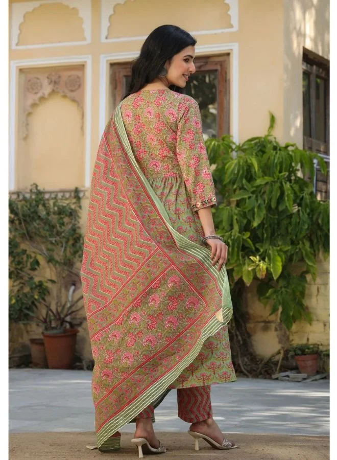 زيري سوق Naheeda Green Cotton Printed Kurta Set