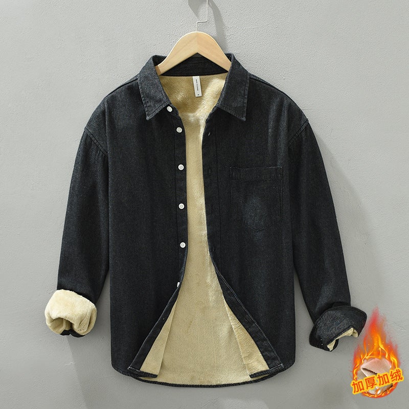 1355 mens long-sleeved coat shirt Japanese style versatile fleece-lined thick warm top Denim shirt one-piece delivery Light blue - Image 2