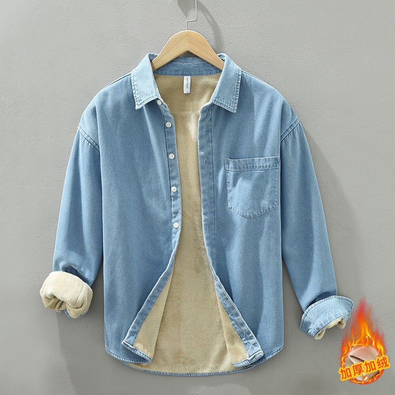 1355 mens long-sleeved coat shirt Japanese style versatile fleece-lined thick warm top Denim shirt one-piece delivery Light blue - Image 1