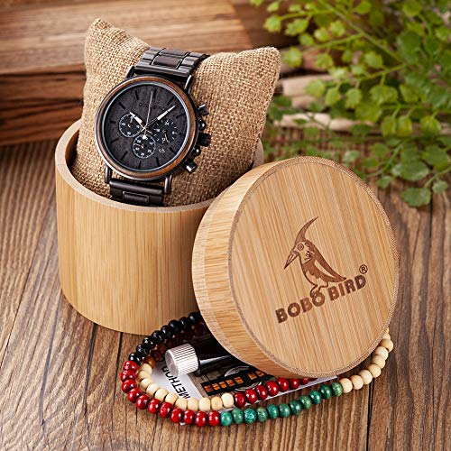 BOBO BIRD Mens Wooden Watches Business Casual Wristwatches Stylish Ebony Wood & Stainless Steel Combined Chronograph with Wooden Box (Grey) - Image 3