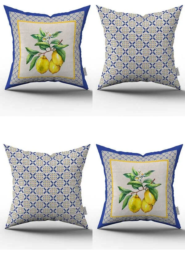 Cango Home Blue Yellow Decorative Lemon Patterned Set of 4 Digital Printed Throw Pillow Covers - 4KMBS250