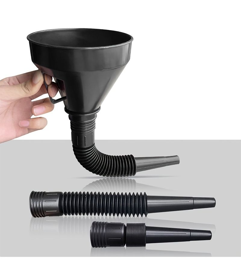Black Plastic Car Motorcycle Funnel with Telescopic Hose Spillproof Design 135mm - Image 1
