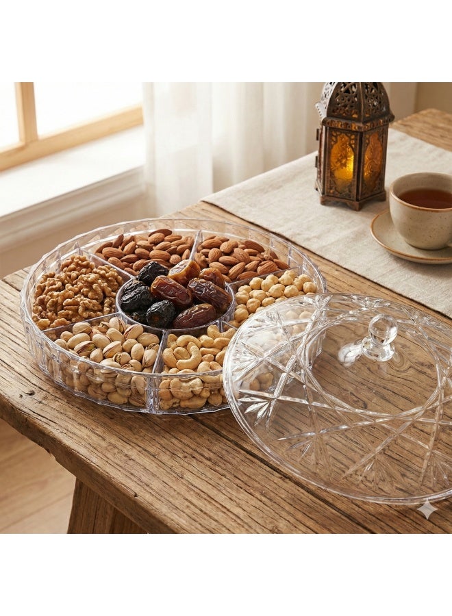 Acrylic Snack Organizer with Lid – Round Divided Bonboniere for Nuts, Chocolate, Eid Cookies & Ramadan Snacks – Clear Serving Container - Image 4
